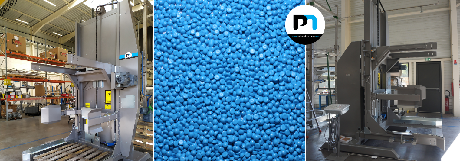 Equipamento de esvaziamento Octabin para pós e grânulos, com grânulos de plástico azul no centro. Logotipo da Palamatic Process no canto superior direito.