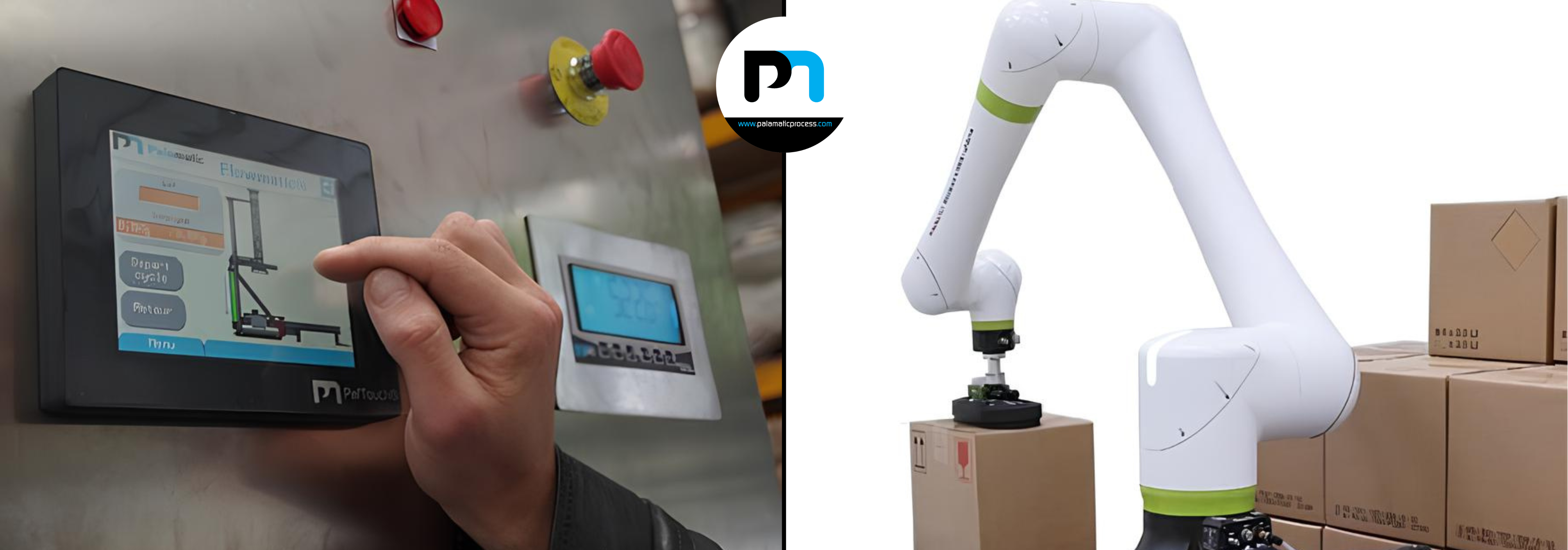 Controle de um equipamento Palamatic Process através de tela sensível ao toque e robô colaborativo que realiza a paletização de caixas de papelão.