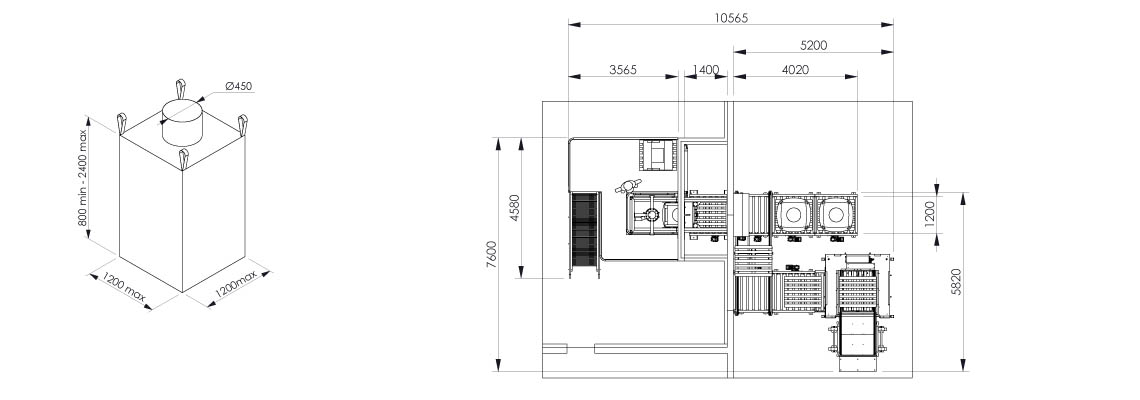 Plano e dimensional - Linha de embalagem em big bag - Flowmatic 10 - Palamatic Process