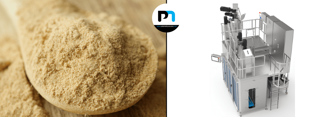 Linha de ensacamento Palamatic Process para leveduras em pó. Embalagem automatizada com NEP e visualização da levedura desidratada em flocos.