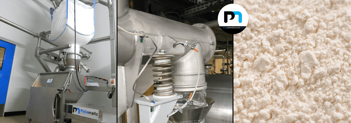 Instalação Palamatic Process para transferência e dosagem automatizadas de pós lácteos – estação big bag, transferência fechada e pó de leite.