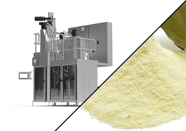 Ensacadora automática Palamatic Process HBM 1040 para pós lácteos, com visualização do pó de leite embalado em sacos de alumínio.