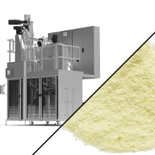 Ensacadora automática Palamatic Process HBM 1040 para pós lácteos, com visualização do pó de leite embalado em sacos de alumínio.
