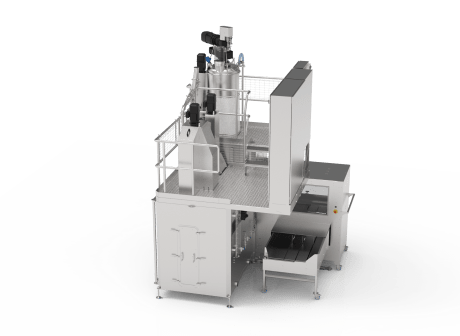 Vue en perspective de l’ensacheuse automatique HBM1030 Palamatic Process avec trémie hygiénique, passerelle d’accès sécurisée, système de dosage intégré et convoyeur automatisé. Conception tout inox avec zones nettoyables NEP/CIP, idéale pour le conditionnement de poudres sensibles. 