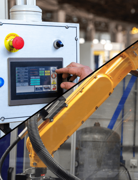 Braço robótico industrial e interface homem-máquina (IHM) tátil para o controle de equipamentos automatizados em fábricas.